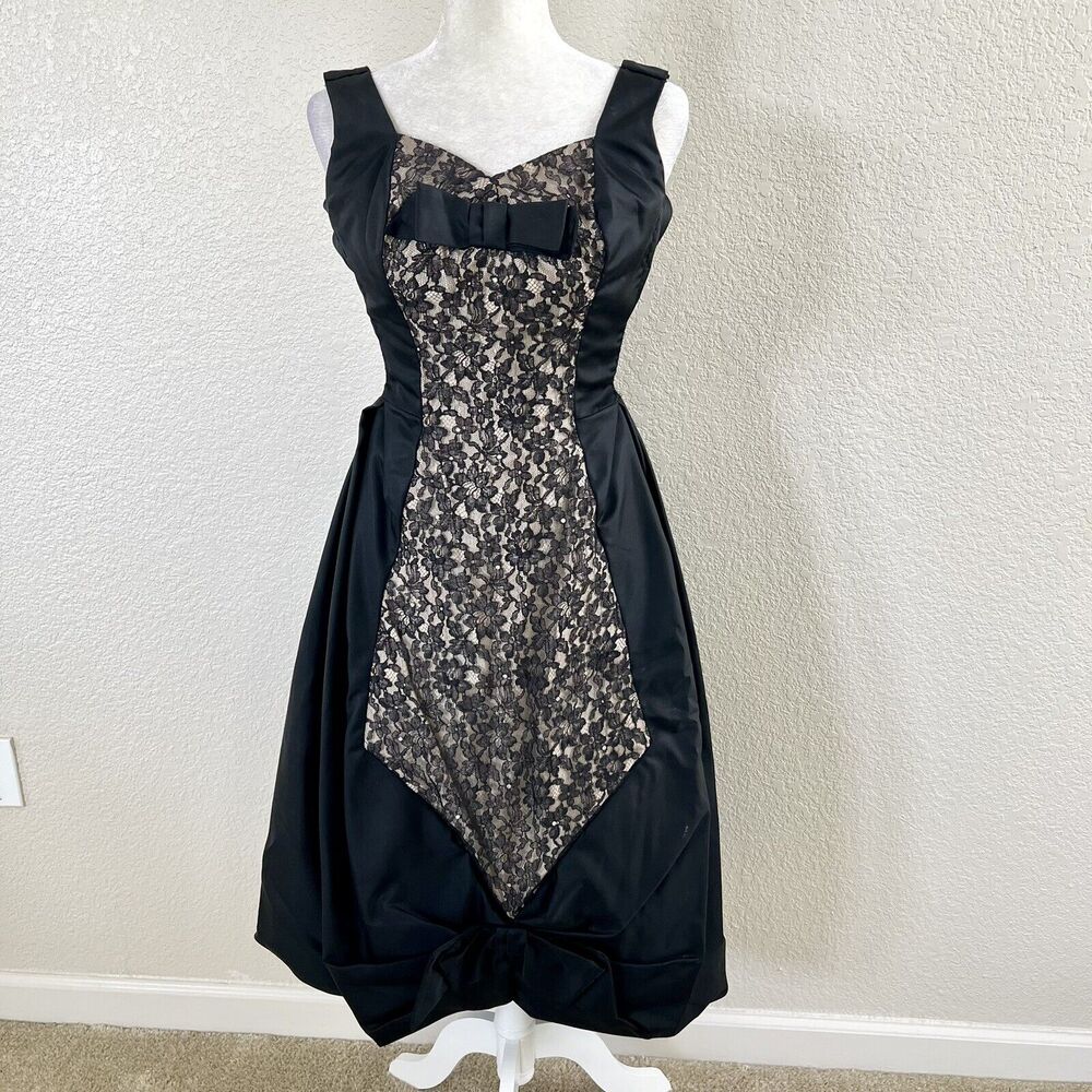Vintage Lilli Diamond 1960s Black Chiffon Lace Bubble Bow Detail Pencil Dress
